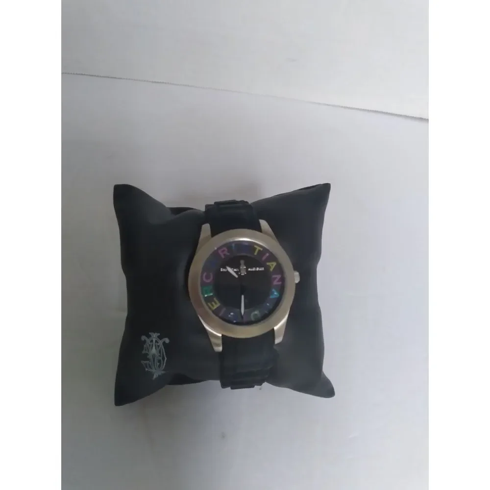 Christian Audigier Designer Watch Silver Case Black Leather Band Iridescent Face
